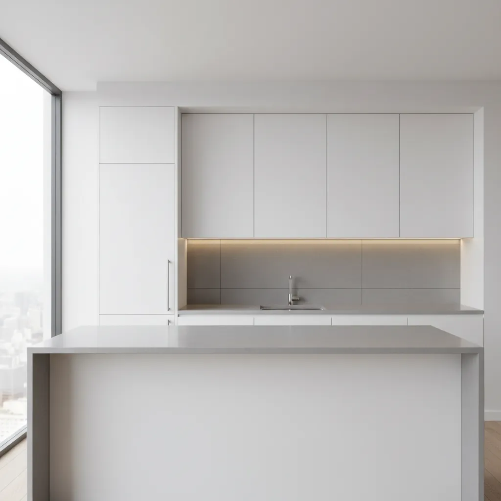 White cabinets next to gray quartz countertop showing reflected cool tone
