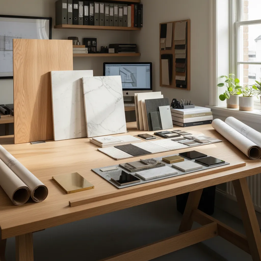 Countertop sample slabs placed against white oak cabinet sample for color matching