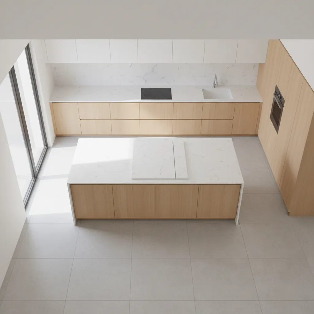 Kitchen island countertop slab layout demonstrating orientation for material efficiency