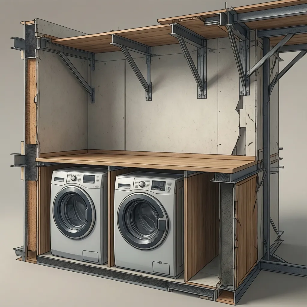 diagram showing countertop span above washer dryer with structural brackets