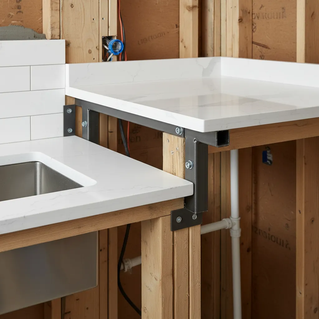 Steel brackets mounted into wall studs supporting a heavy laundry countertop