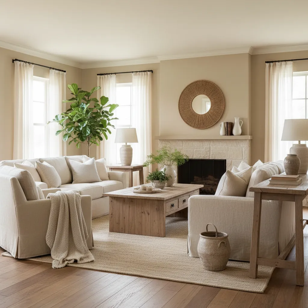 Cozy living room with beige sofas a fireplace wooden coffee table green plant and mirror