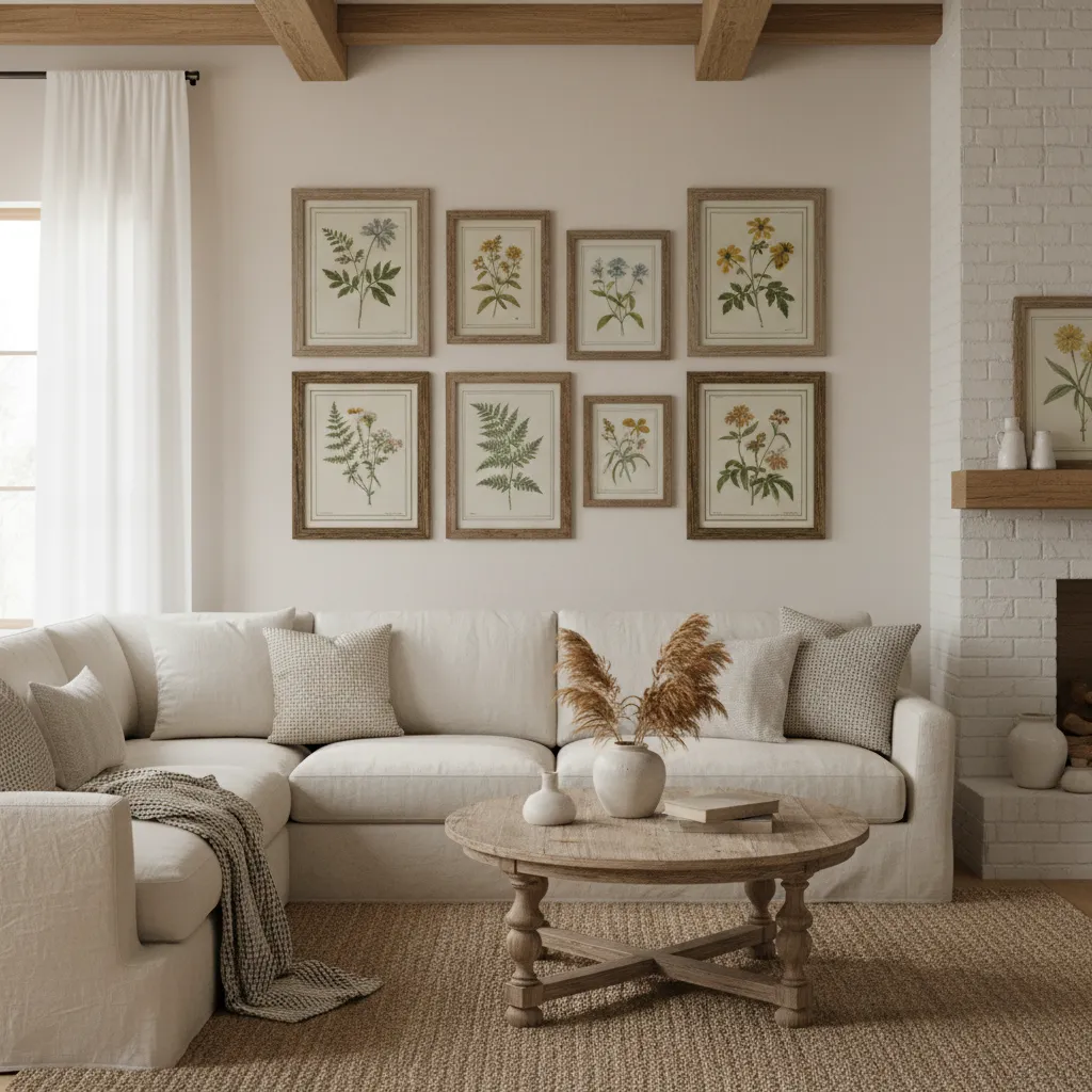 Country style living room with rustic gallery wall above a neutral sofa