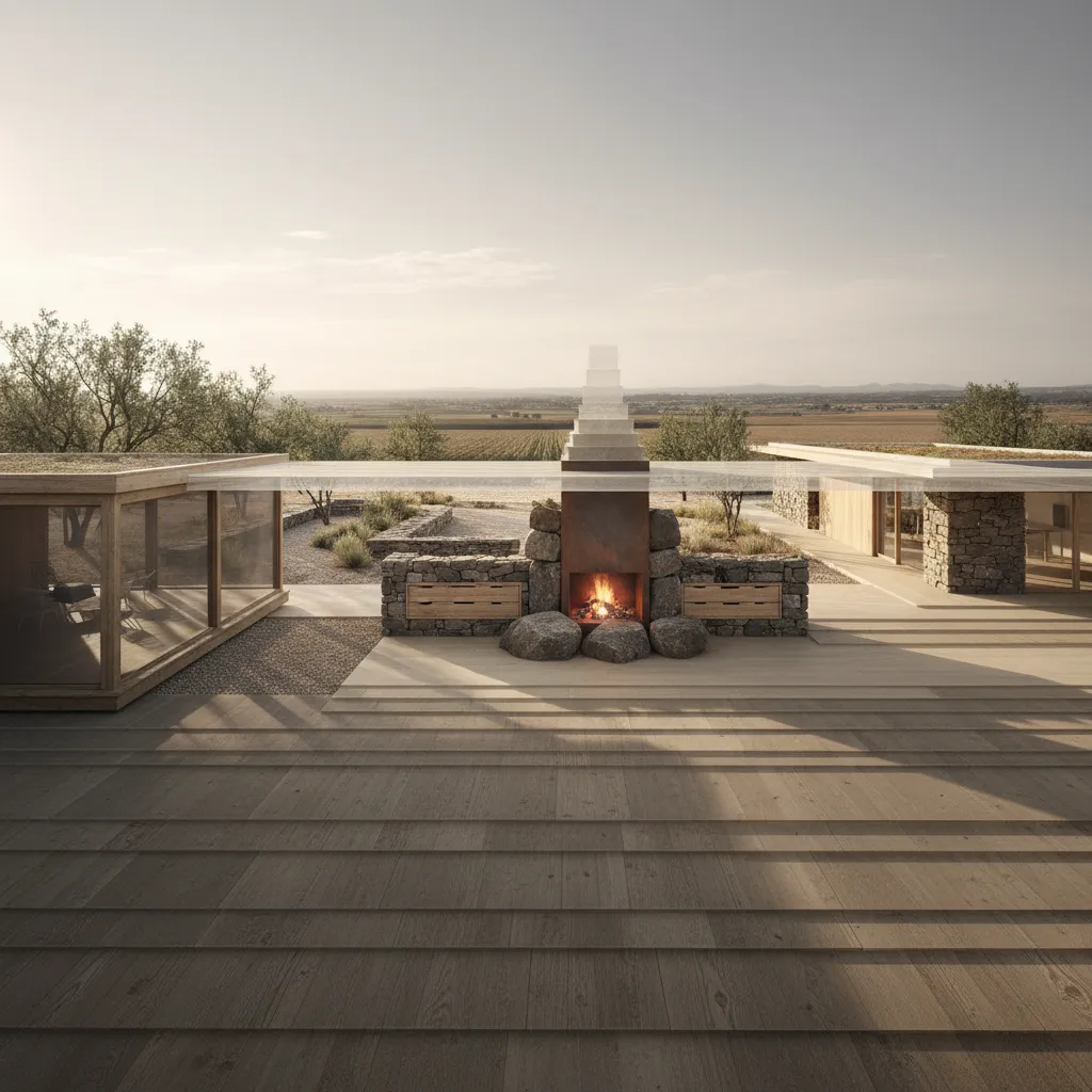Modern outdoor deck featuring stone fireplace, glass walls, wooden floor, and beautiful open countryside scenery