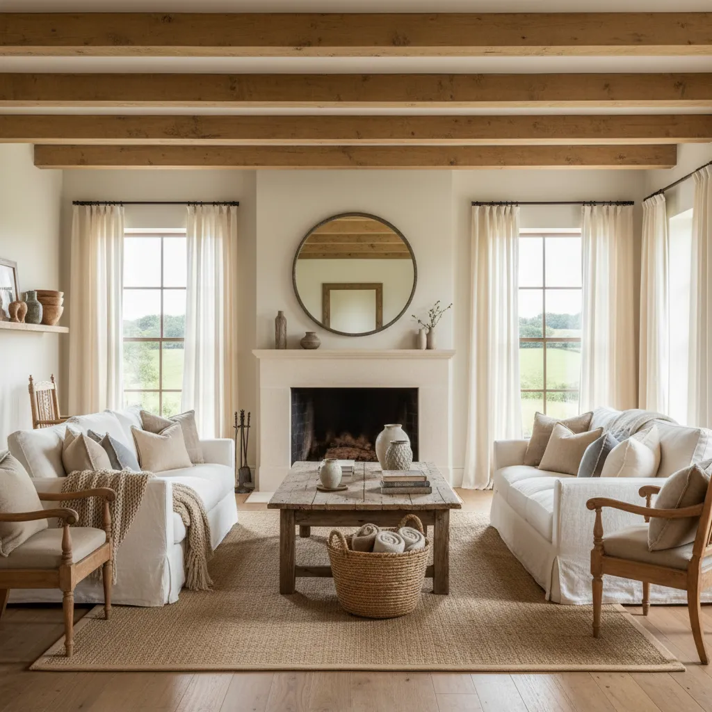 Rustic living room with wood ceiling beams, white sofas, wooden coffee table, and large mirror