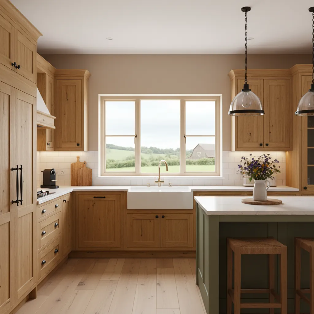 Modern country kitchen with oak cabinets white farmhouse sink green island wood floor large window