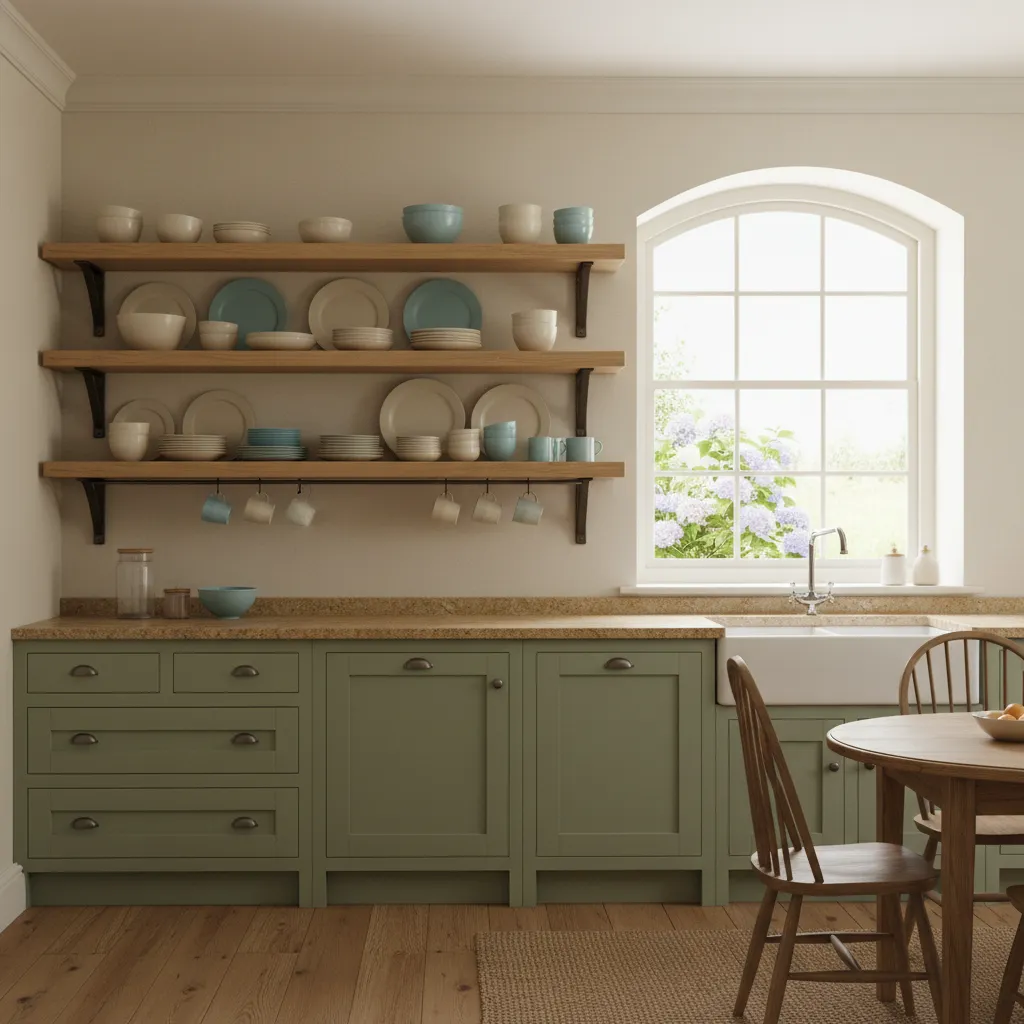 Country kitchen with wooden open shelving displaying dishes
