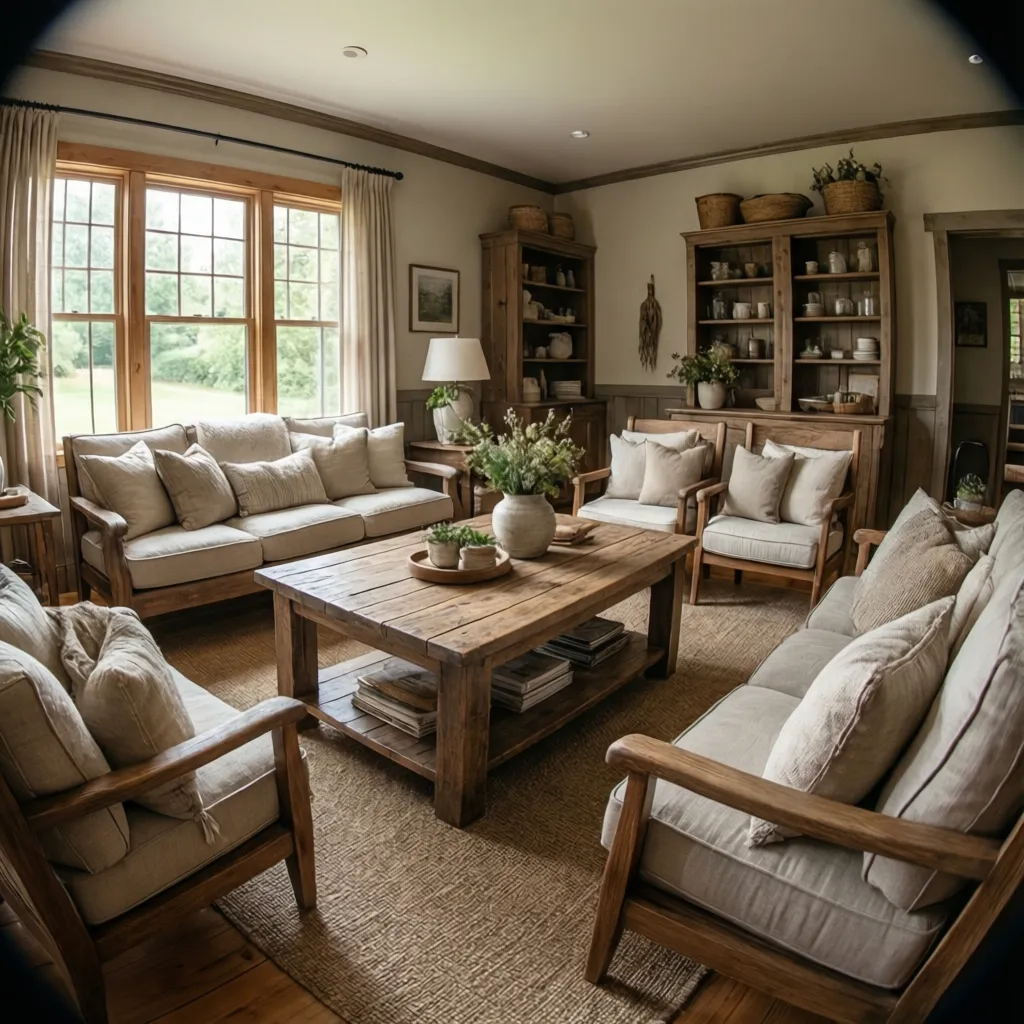 Rustic country living room with a wooden coffee table beige sofas large windows and cabinets