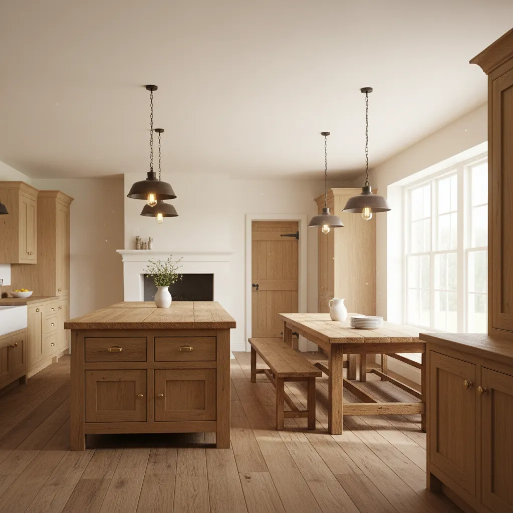 Country kitchen design with a wooden island dining table bench ceiling lights and wood flooring