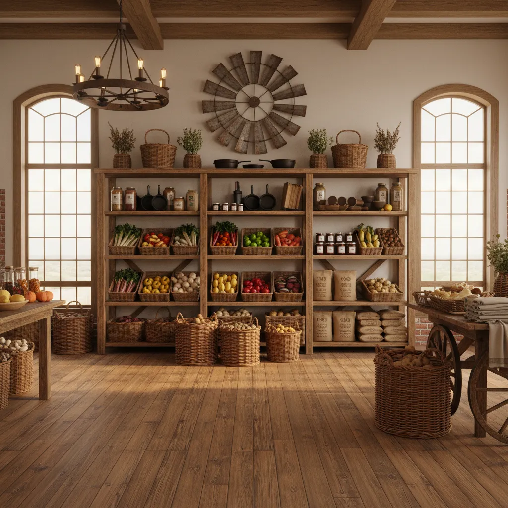 Country farm store interior with windmill metal wall decor above product displays