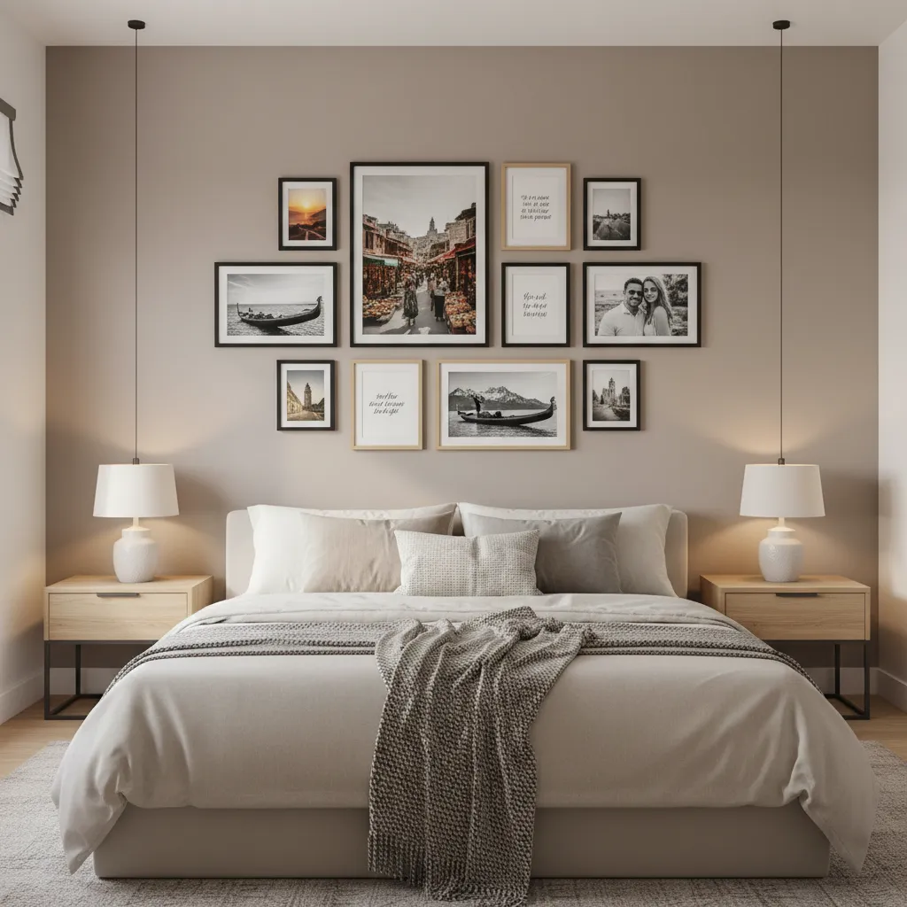 Bedroom wall decorated with framed couple travel photos