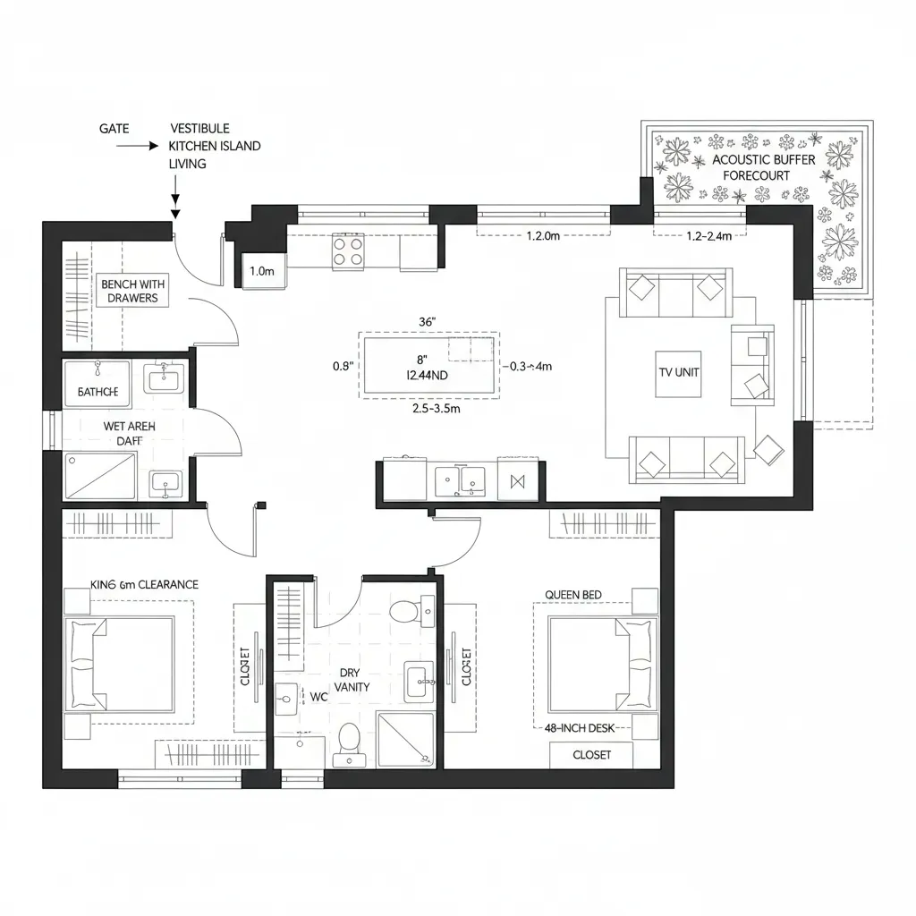Top-down CAD plan showing NE forecourt buffer and inward quiet bedrooms
