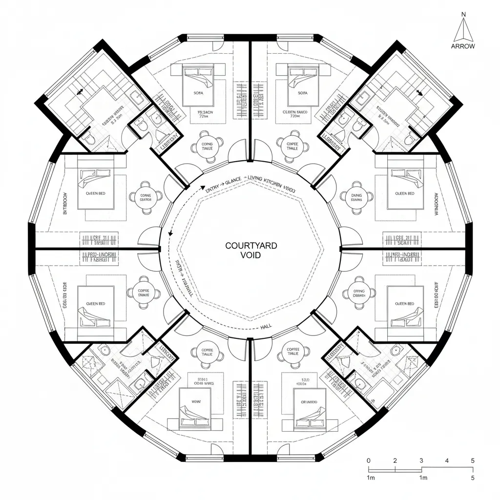 Top-down CAD floor plan of six units arranged around a central courtyard light well