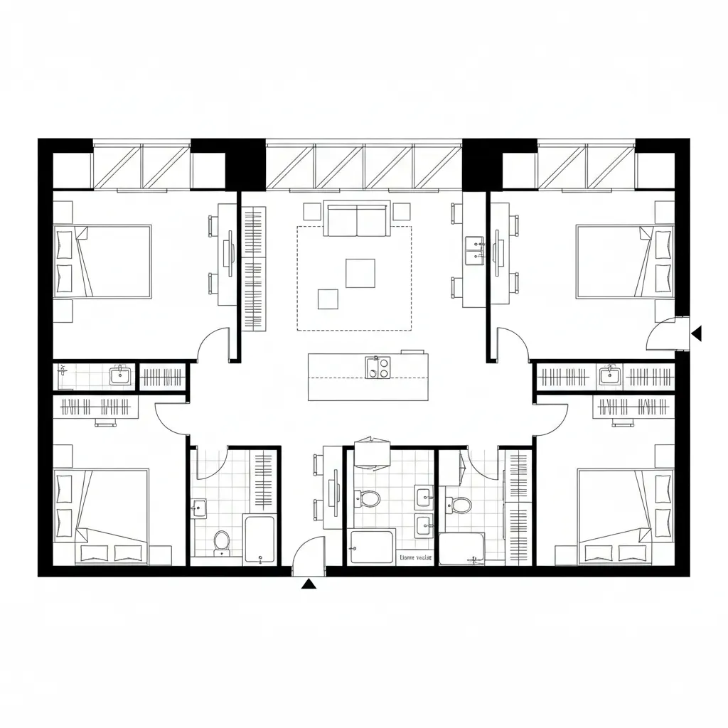 Floor plan drawing of a four bedroom apartment with living room kitchen and three bathrooms