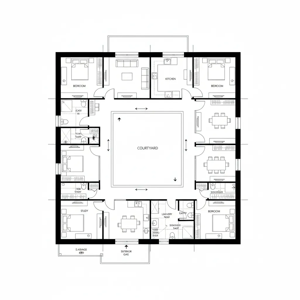 Top-down CAD plan of courtyard house with perimeter suites and central operations