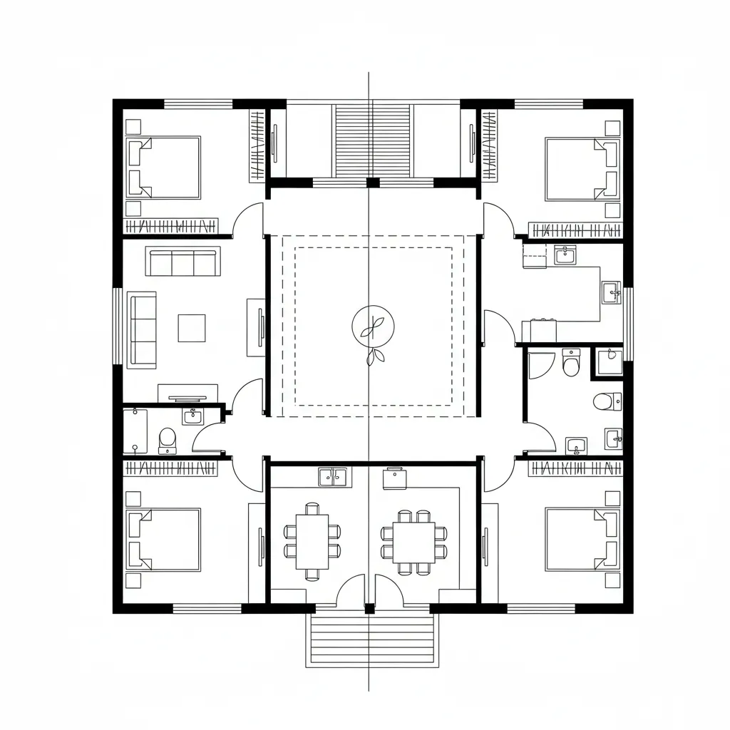 Symmetrical house floor plan showing four bedrooms around a central open courtyard with dining rooms