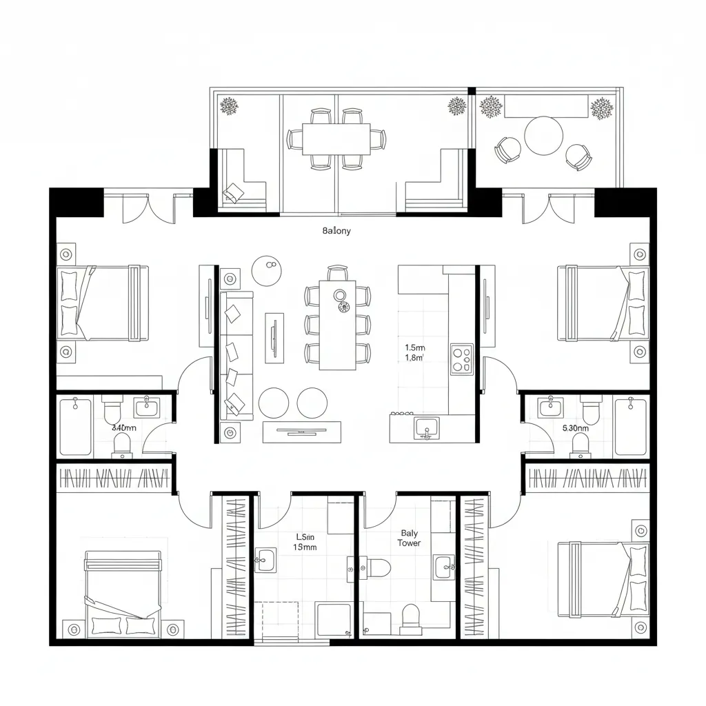 2D CAD floor plan showing living room linked to a deep balcony with daylight focus