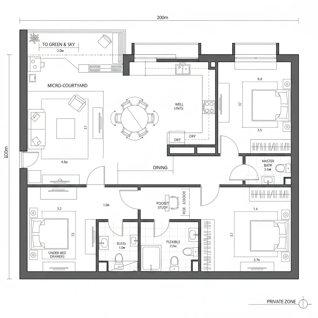 Modern apartment floor plan design showing living room dining area kitchen three bedrooms and private balcony