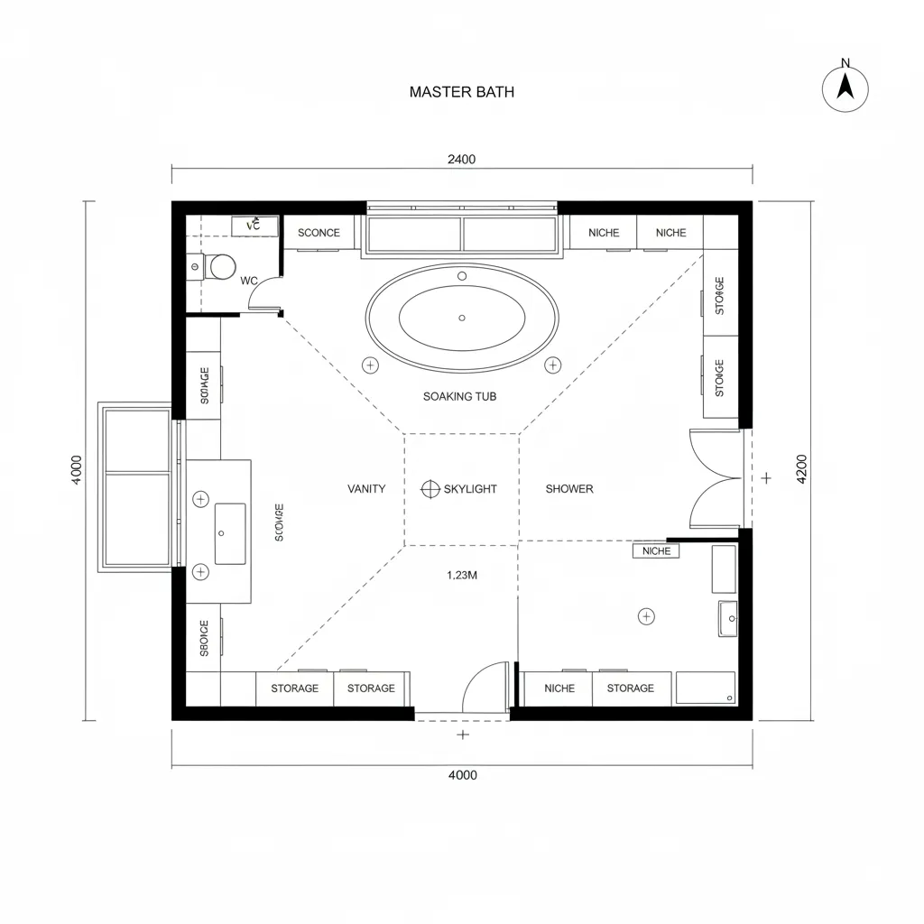 Master bath floor plan showing soaking tub shower vanity toilet and storage with wall light fixtures