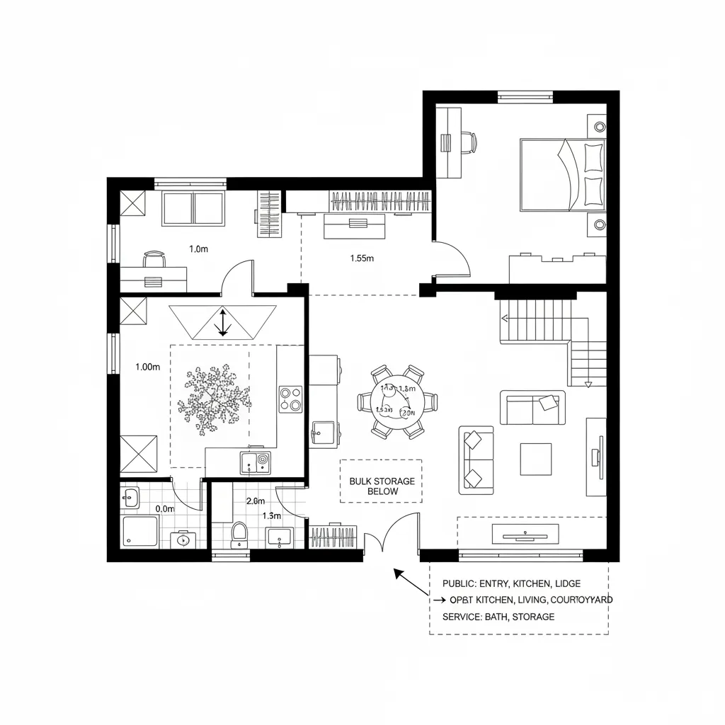 Top-down CAD plan of micro-courtyard home with upstairs bridge and pocket study