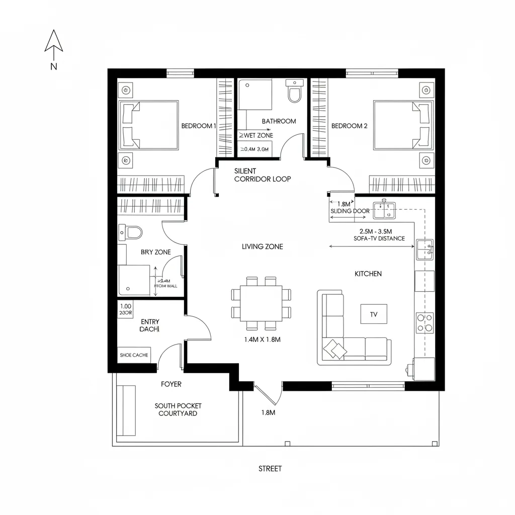 Top-down CAD plan with south pocket courtyard buffering entry, living, kitchen alfresco link, and private loop