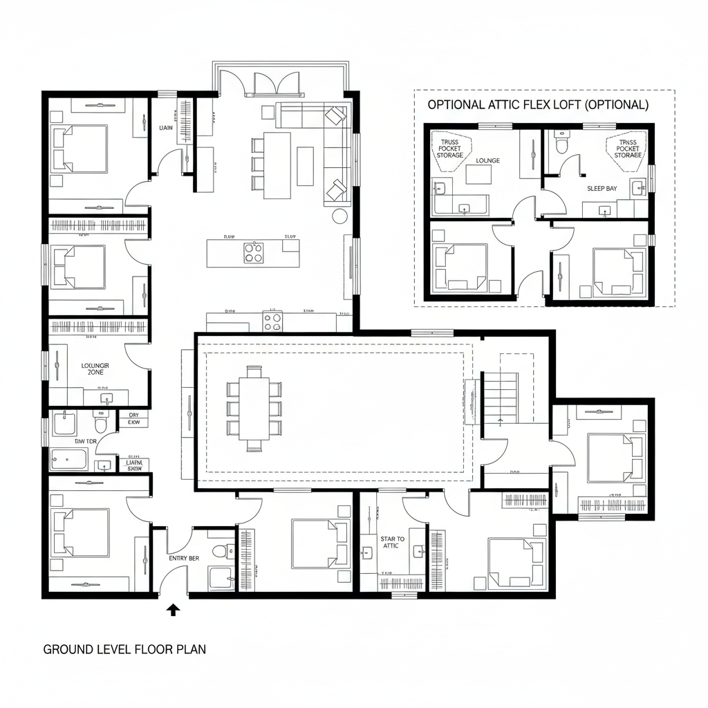 Bungalow Layout with Attic Option — Future-Ready Residential Planning