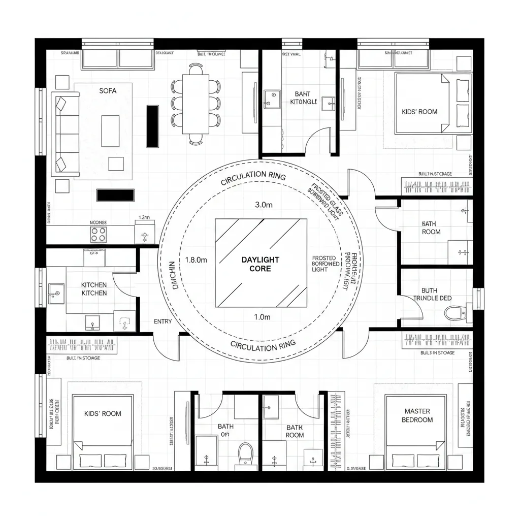 Detailed floor plan with central circulation ring connecting kitchen living room and multiple kids bedrooms together