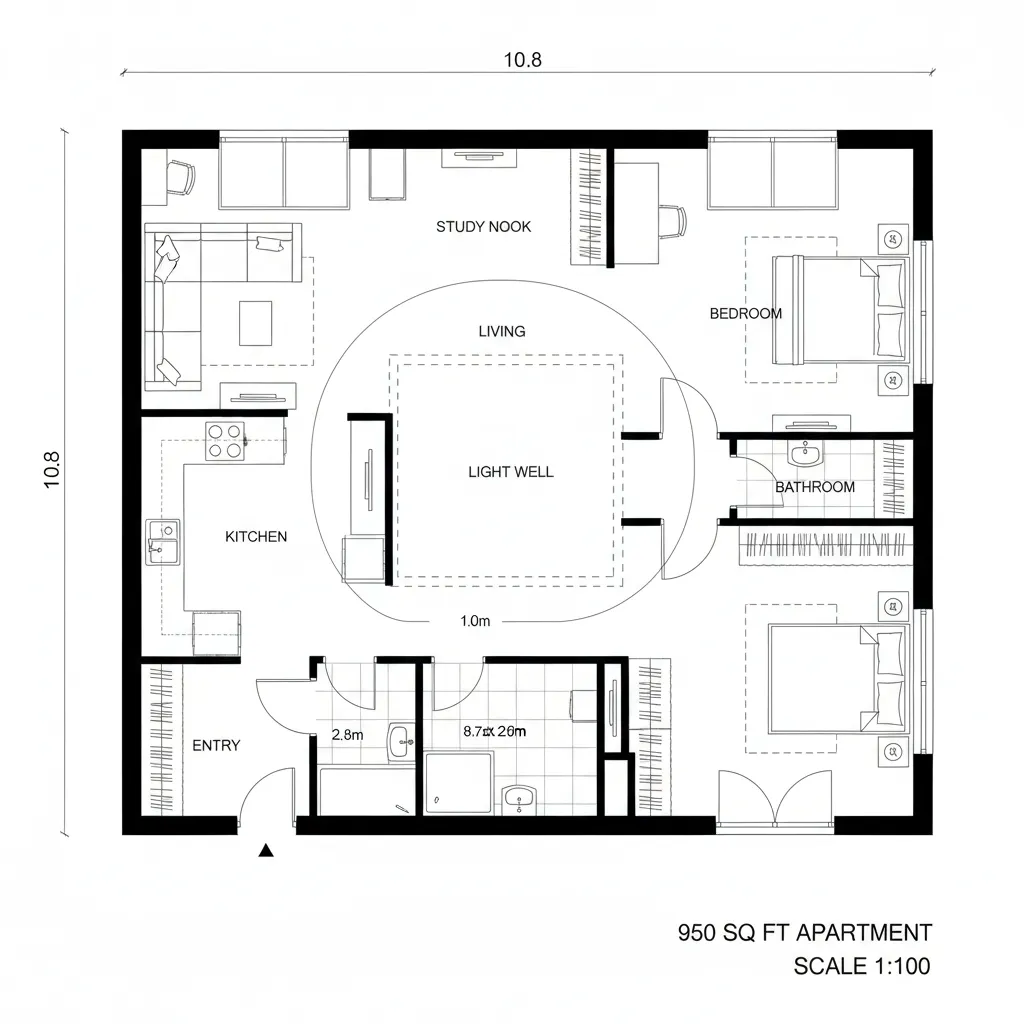 Top-down 2D CAD floor plan with a central light-well core and looped circulation