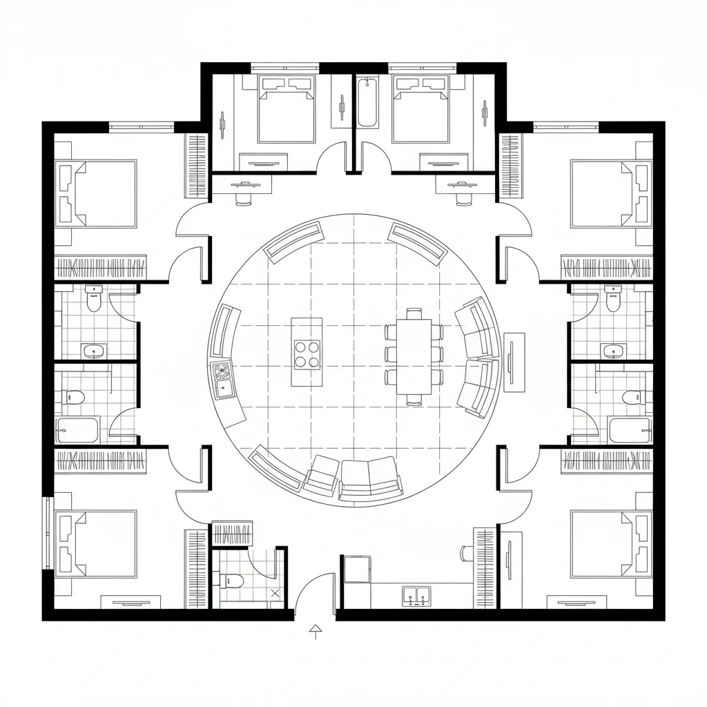 Floor plan drawing with a large circular central living area surrounded by several small private bedrooms