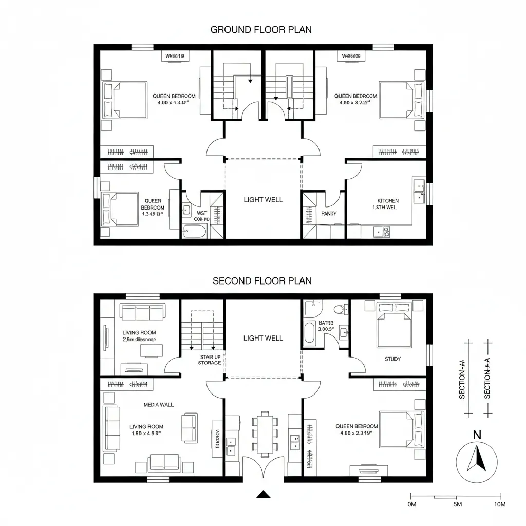 Top-down CAD plan of a square home with central courtyard and looped circulation