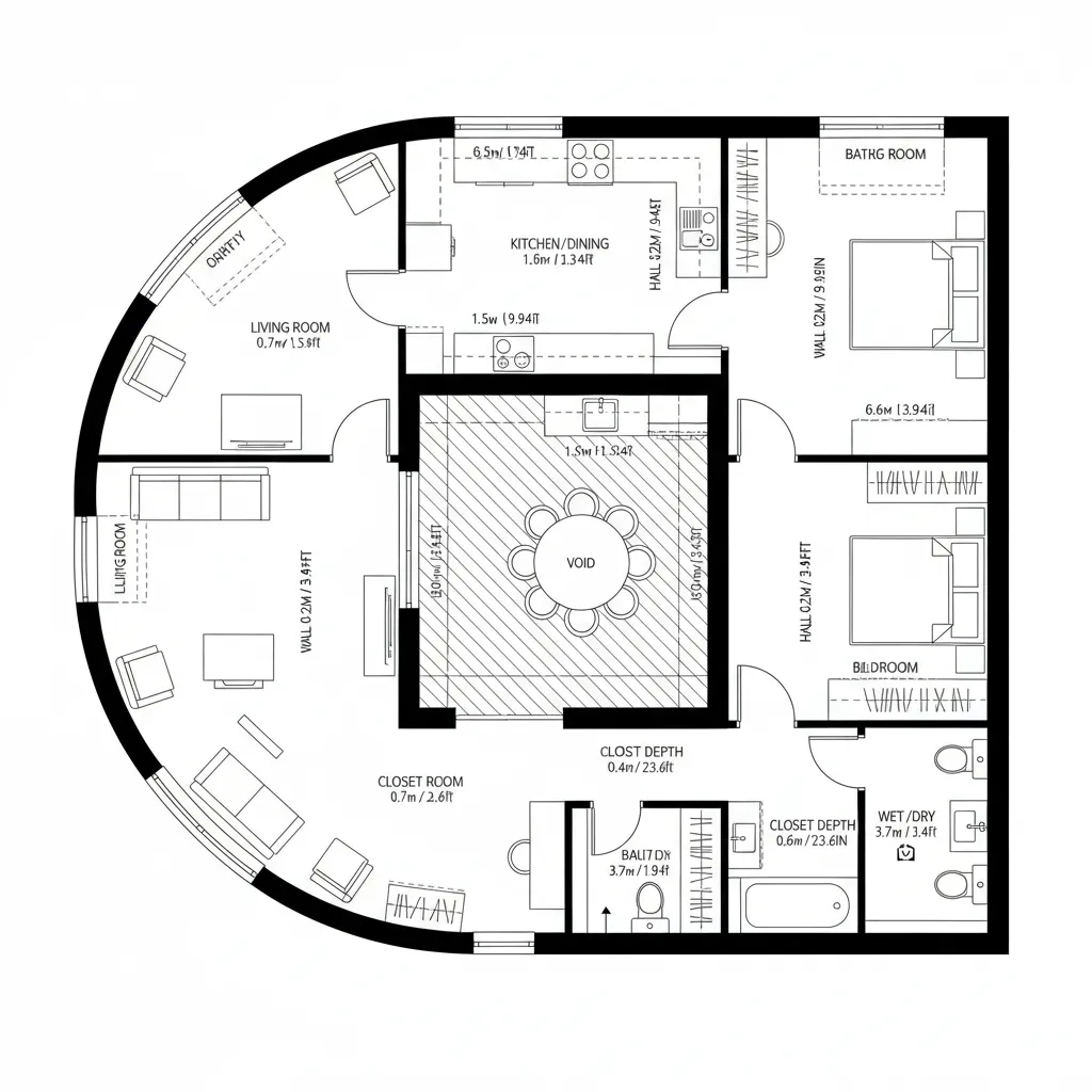Top-down CAD plan with central courtyard and perimeter loop rooms