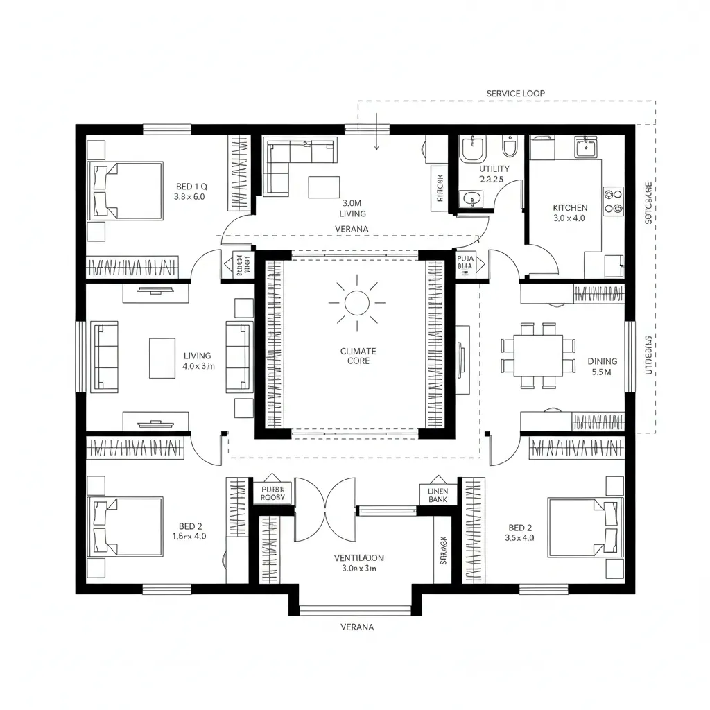 Top-down CAD plan with central courtyard and perimeter living, dining, kitchen, and bedrooms