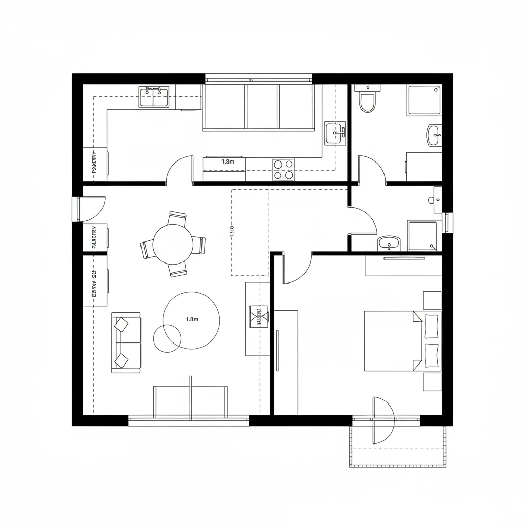 Top-down CAD plan of a 1 BHK with central living core and perimeter kitchen, bedroom, and bath