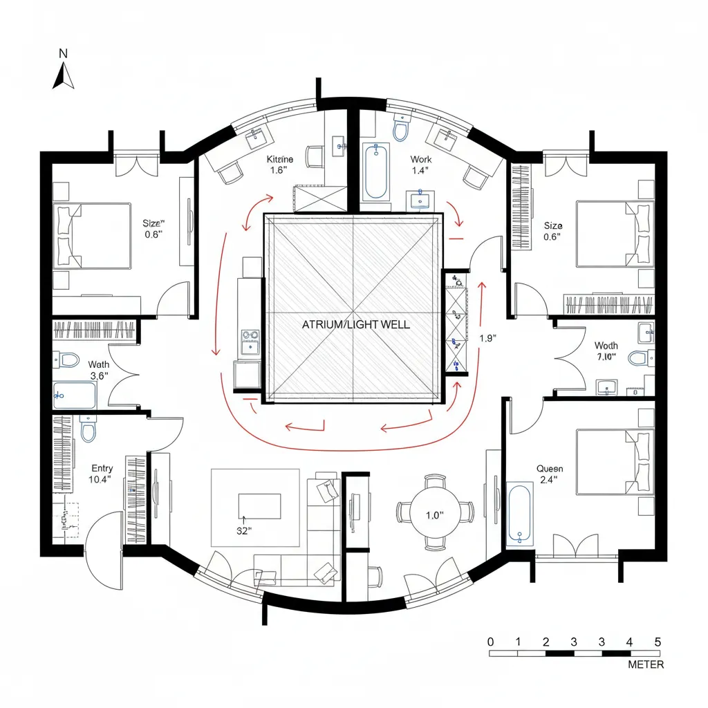 Top-down CAD floor plan with central light well and continuous loop circulation