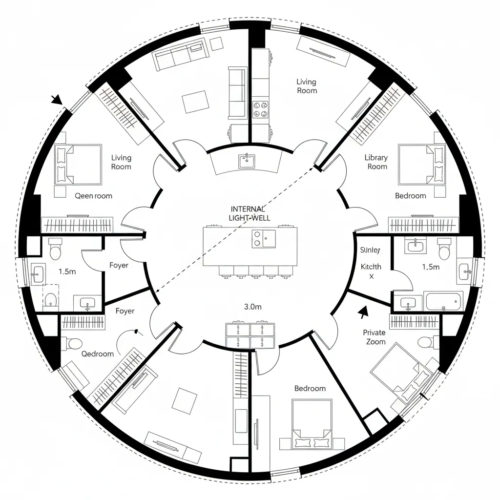 Top-down CAD plan of a central kitchen atrium with looping living and bedroom orbit