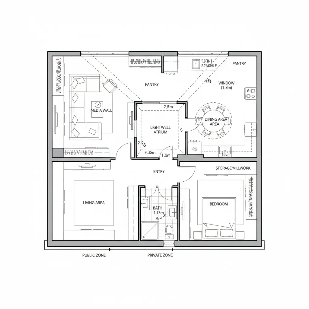 Interior design drawing showing a house layout with central courtyard bedroom bathroom and living area
