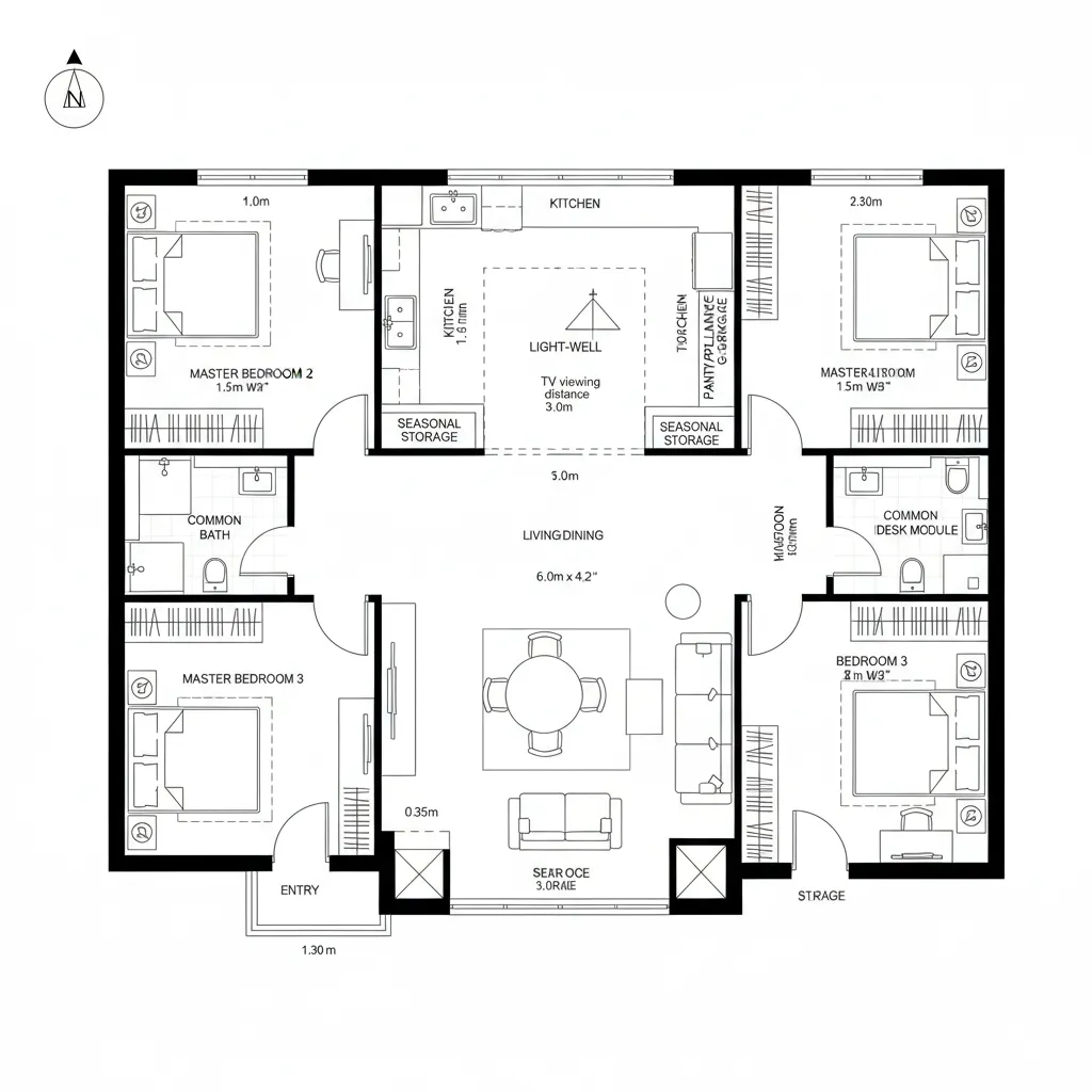 CAD plan with courtyard core and acoustic perimeter bedrooms