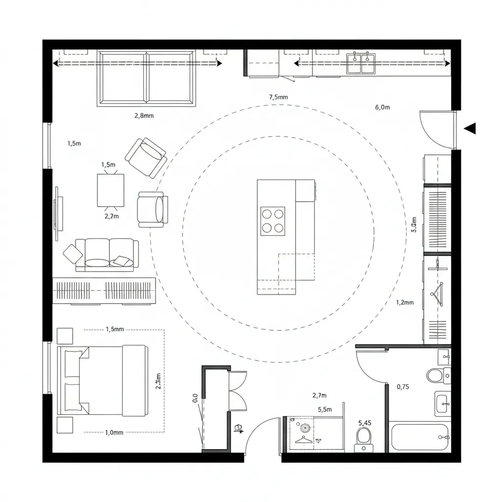 Top-down CAD plan of a studio with central island core and perimeter lounge and sleep alcove