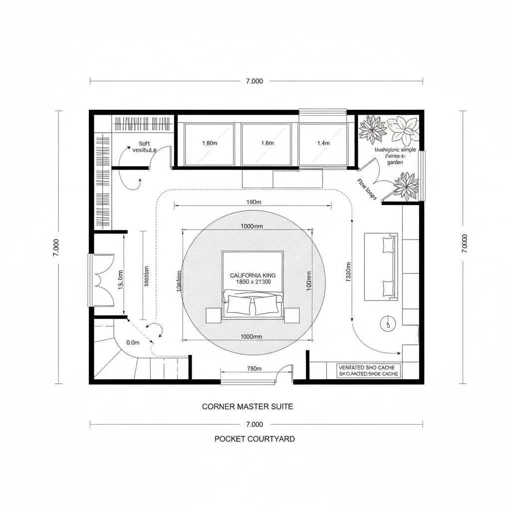 A master suite floor plan showing a large round rug under a bed with plants