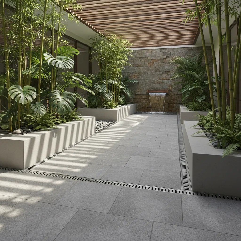Detail taman tengah dengan sistem drainase