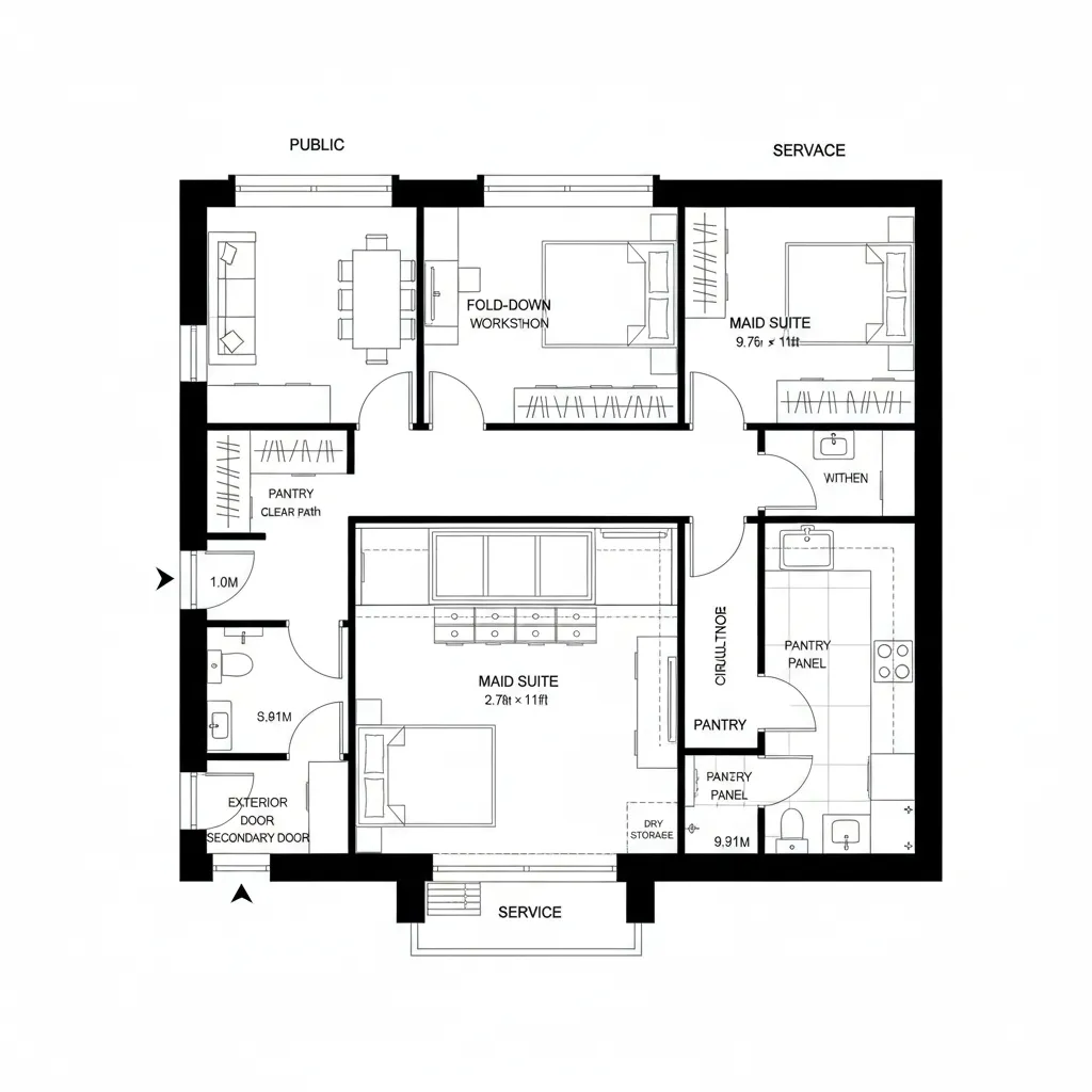 Top-down CAD plan of maid suite around a micro-courtyard with dual access routes