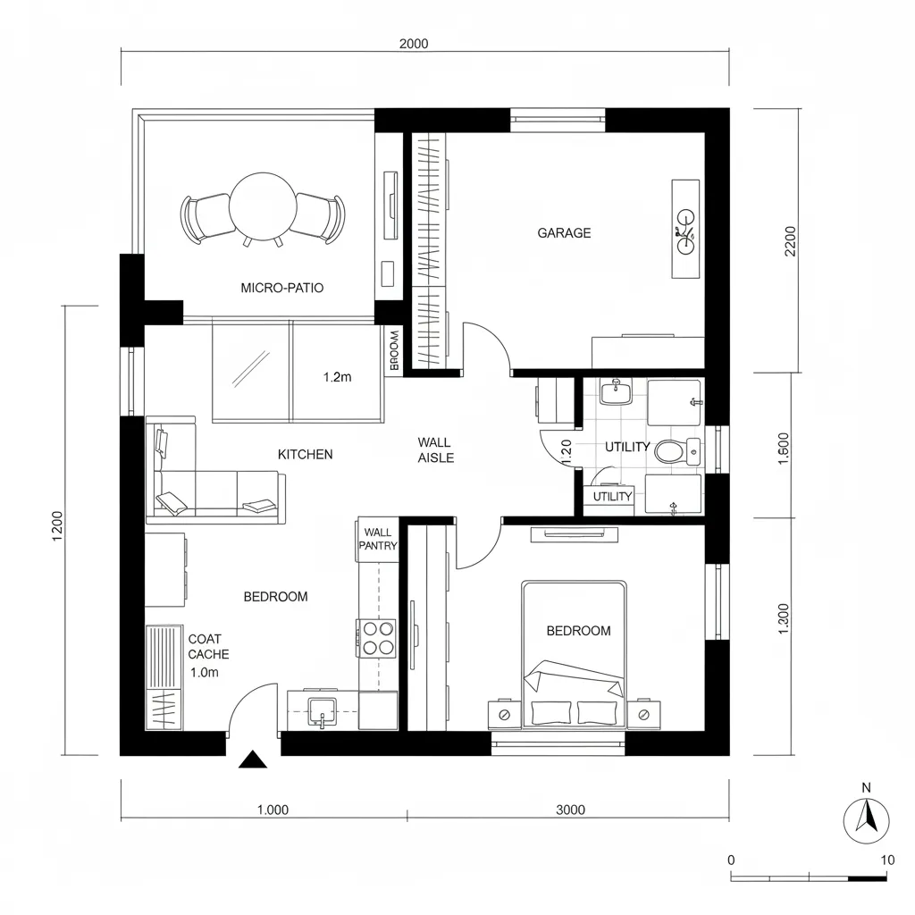 Top-down plan connecting living to a micro-patio via sliding thresholds