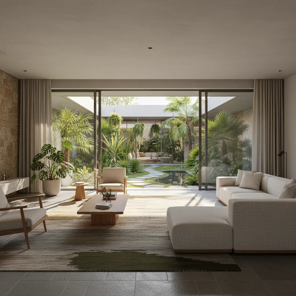 Interior rumah dengan taman tengah yang membawa cahaya alami