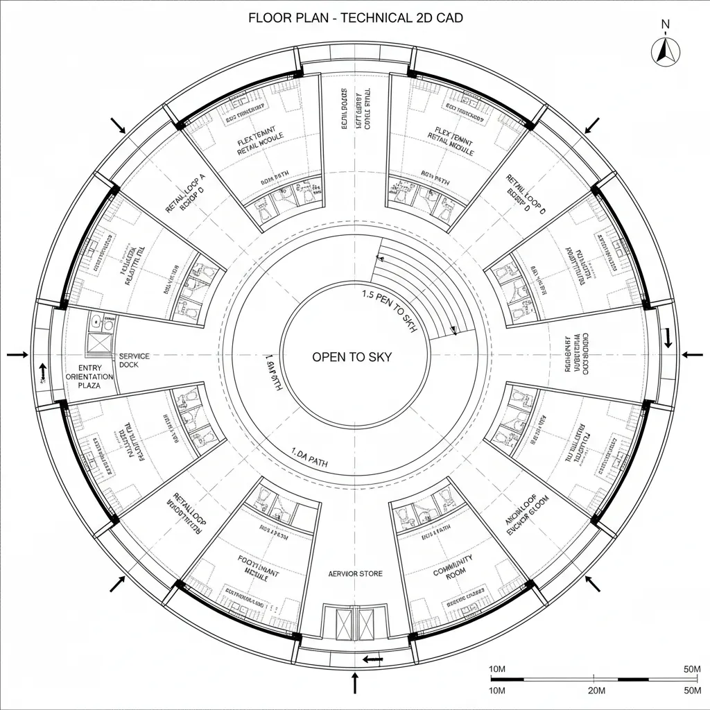 Top-down CAD plan with a central courtyard hub and short radiating retail loops with service corridors