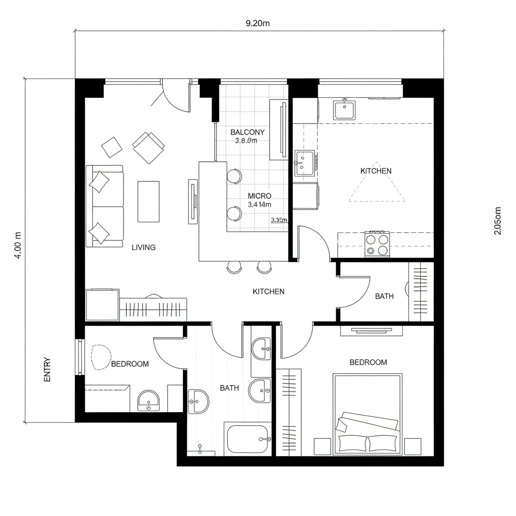 2D CAD plan showing an L-shaped living and kitchen wrapping a balcony lightwell in a 1 BHK