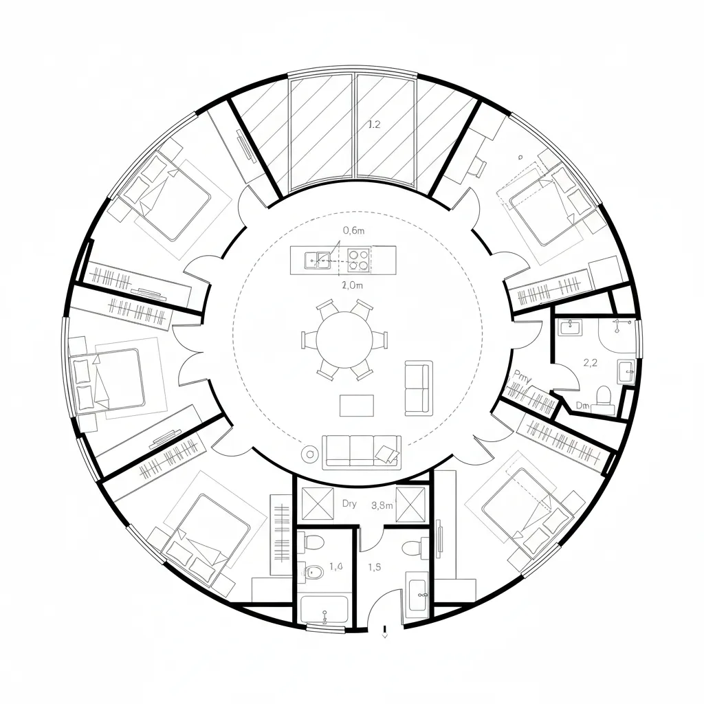 Top-down CAD plan with inward shared core and quiet periphery