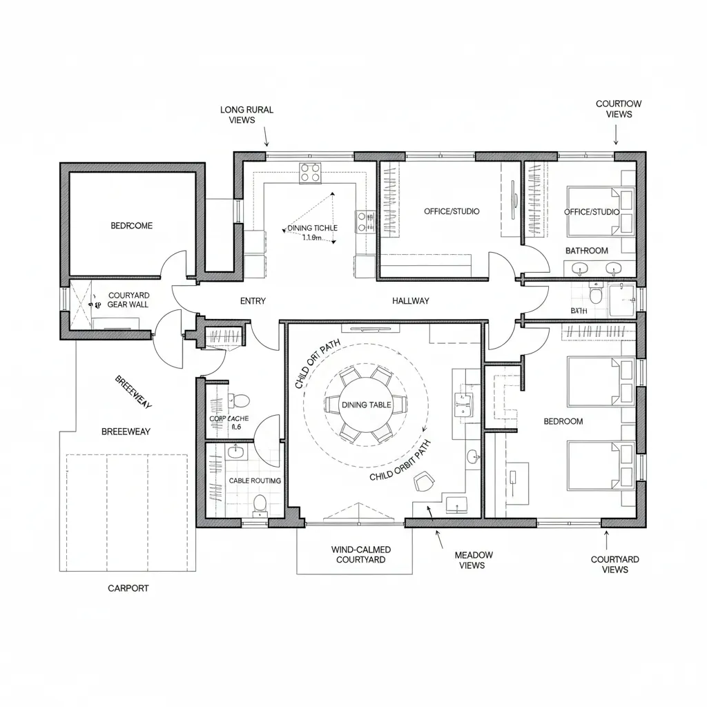 Interior design drawing showing complex room layout with office studio dining table and several large bedrooms