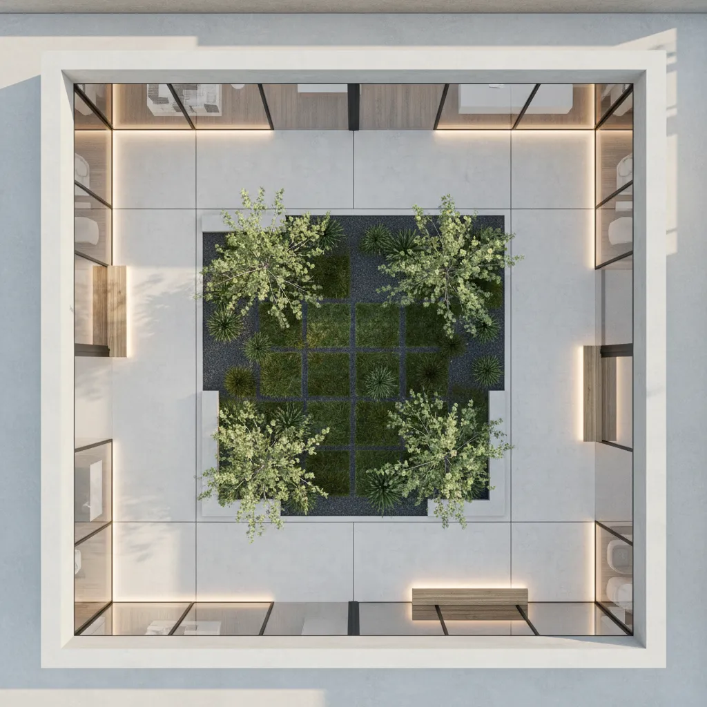 Vista superior de diseño de patio interior con zonas definidas