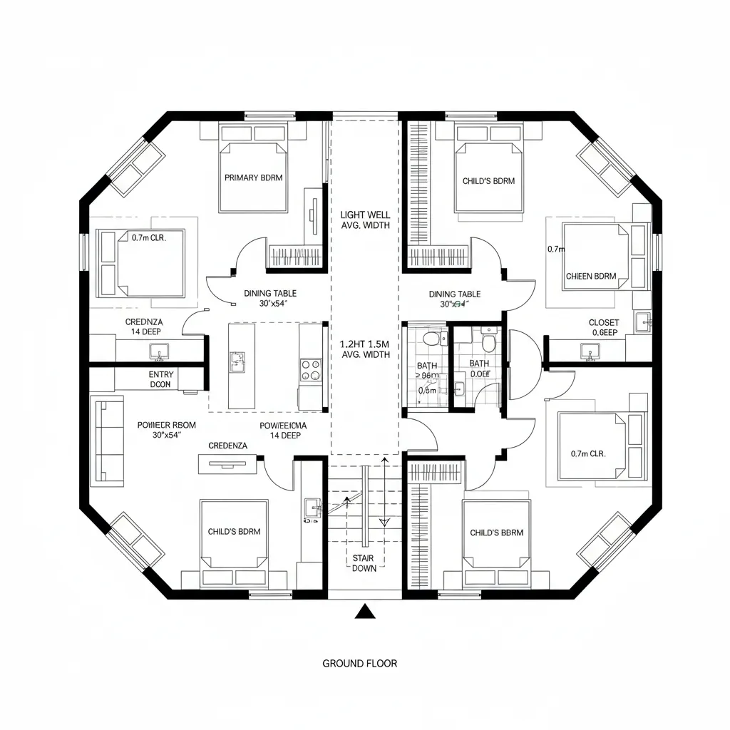 Top-down CAD plan with central light well spine and loop circulation