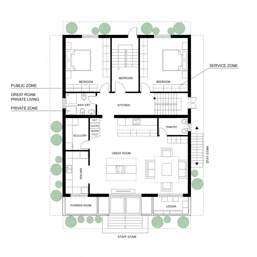 Labeled 2D floor plan featuring kitchen great room bedrooms and colored trees for outdoor landscaping